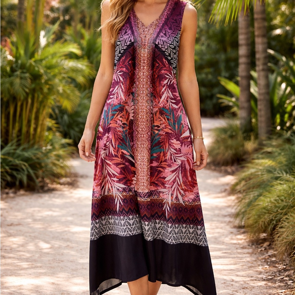 CJ Banks Purple and Pink Patterned asymmetrical midi dress size X‎